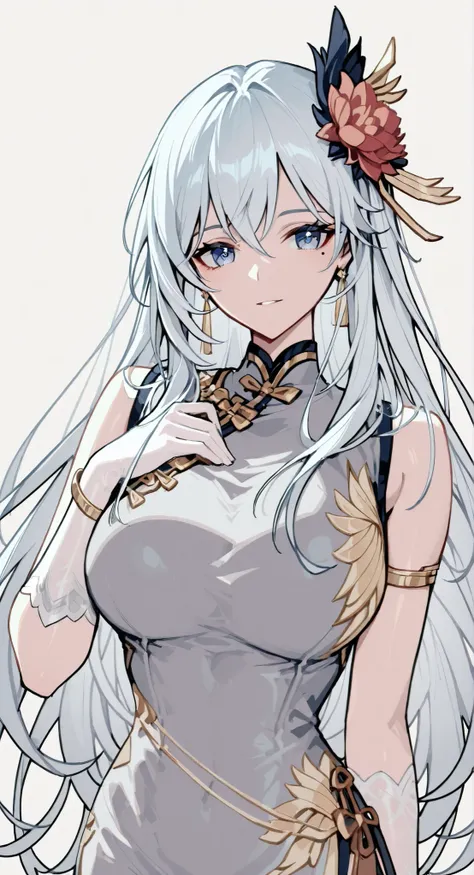 mole under eye、Armlet for left arm、bracelet for right wrist、pure white china,sleeveless china ,Haise Jinyao, Genshin character、Keking, Full Body Senxia , Female Anime Characters Who Collect Their Boob With Both Hers, Picture of a woman with long white hai...