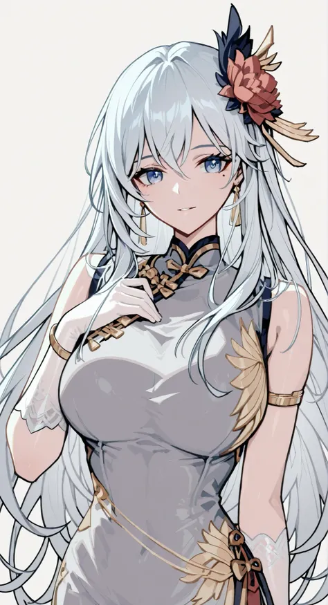 mole under eye、Armlet for left arm、bracelet for right wrist、pure white china,sleeveless china ,Haise Jinyao, Genshin character、Keking, Full Body Senxia , Female Anime Characters Who Collect Their Boob With Both Hers, Picture of a woman with long white hai...