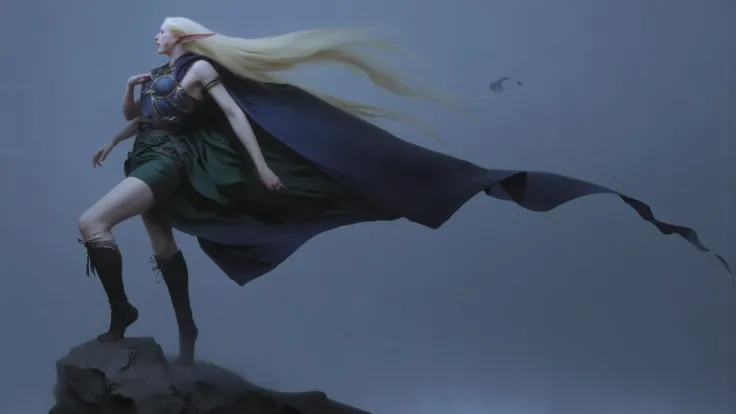 by Piotr Jabłoński.night，full-body side portrait of a high-ranking elf woman，She has long light blond hair，fluttering to the side in the wind，Close eyes，The expression is calm and melancholy。She was wearing dark blue elf style armor with gold trim，and wore...