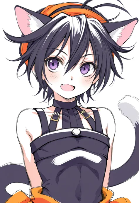 narancia,one boy,cute,cool,brack cat ears,brack hair,purple eyes,brack tail, white background, Bust-up shot,solo, sketch, fang,narancia’s clothes,brack clothes