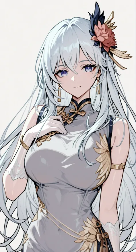 mole under eye、Armlet for left arm、bracelet for right wrist、pure white china,sleeveless china ,Haise Jinyao, Genshin character、Keking, Full Body Senxia , Female Anime Characters Who Collect Their Boob With Both Hers, Picture of a woman with long white hai...