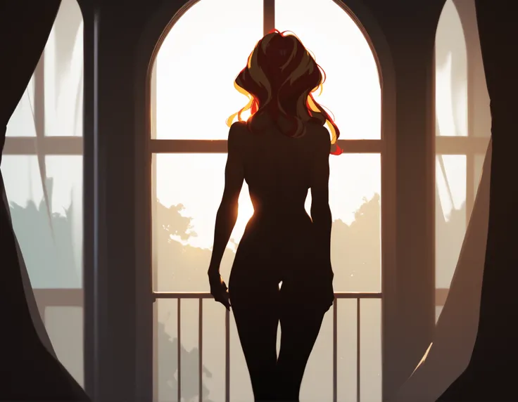 sunset shimmer naked, standing in a window, pose, black silhouette, backlit