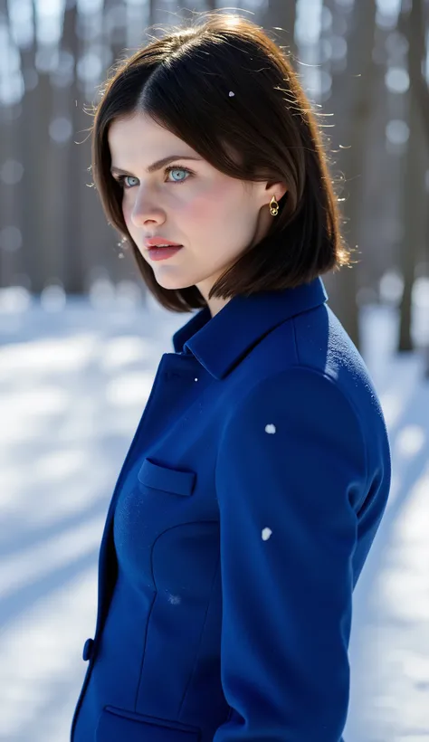 Alexandra Daddario wearing an elegant blue outfit, upper body view, standing in a snowy park with a frozen lake in the background, soft falling snow, winter atmosphere, natural lighting, cinematic depth of field, serene and magical mood