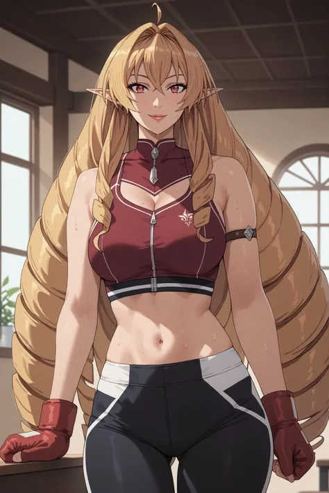 score_9, score_8_up, score_7_up, source_anime, elinalisedragonroad, 1girl, mature female, elinalise dragonroad, long hair, blonde hair, very long hair, ahoge, pointy ears, drill hair, red eyes, naughty smile,  suit, sports bra, yoga leggings, boxing gloves...