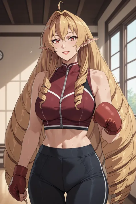 score_9, score_8_up, score_7_up, source_anime, elinalisedragonroad, 1girl, mature female, elinalise dragonroad, long hair, blonde hair, very long hair, ahoge, pointy ears, drill hair, red eyes, naughty smile,  suit, sports bra, yoga leggings, boxing gloves...