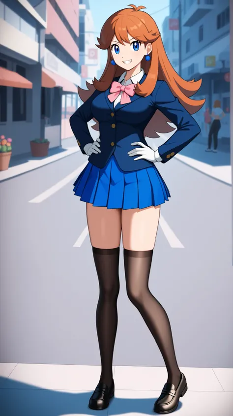 left hands on hips, black knee-high stockings, Absolute region, thighs, loafers, schoolgirl, , white long sleeve button shirt, Pink bowtie, blue pleated mini skirt, older sister, tall, ((Best Quality)), ((masterpiece)), ((details)), is standing, 1girl, tw...
