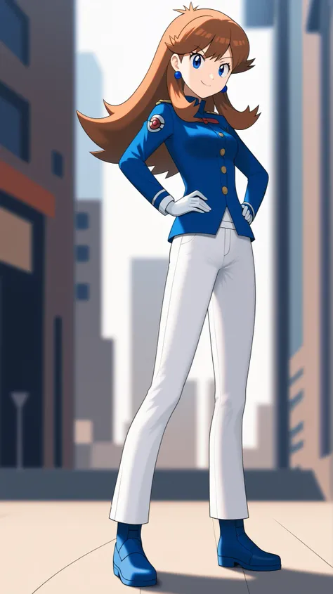 Pistol, left hands on hips, white long sleeve military uniform, white military pants, black long boots, older sister, tall, ((Best Quality)), ((masterpiece)), ((details)), is standing, 1girl, two legs, two arms, orange brown hair color, long hair, blue ey...