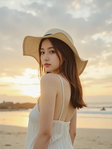 showing my back, Japanese cute girl trying to look back, profile, casual summer clothes,wide brimmed hat , Playing on the beach, sunset over the sea, Clear Water , soft light, delicate texture, Realistic, High Quality, 8K, Ultra Fine, like the picture, Rea...