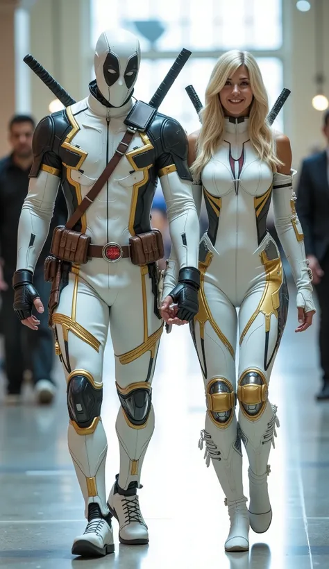 character: 1 man with mask full head wearing futuristic white deadpool body suit with gold armor futuristic silver accents , and 1 woman blonde hair Long Layers with See Through Bangs Wearing futuristic white Deadpool body suit with gold armor futuristic ...
