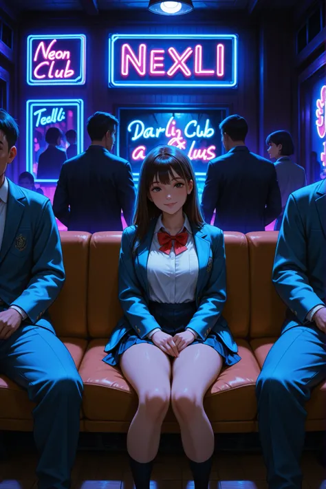 female, school girl, night club, inside, neon lights, dark, night, people having a good time, bar in background, sitting on a sofa, surrounded by men,