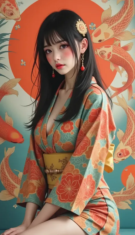 masterpiece , Ultra Detailed, Nostalgic , ( ), (( dynamic angles :1.8))(( THICK MUSCULAR LEGS :1.8)). portraits of traditional young women, However, artistic , vivid, detailed kimono , Decorated with intricate flower patterns and koi fish patte...