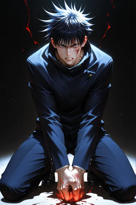 1boy, Megumi Fushiguro, Jujutsu Kaisen inspired, a cool high school boy with spiky black hair, battle-damaged, gritting his teeth, lips slightly stained, torn dark school uniform with a high collar and long sleeves, slightly damaged clothing, bruises and r...