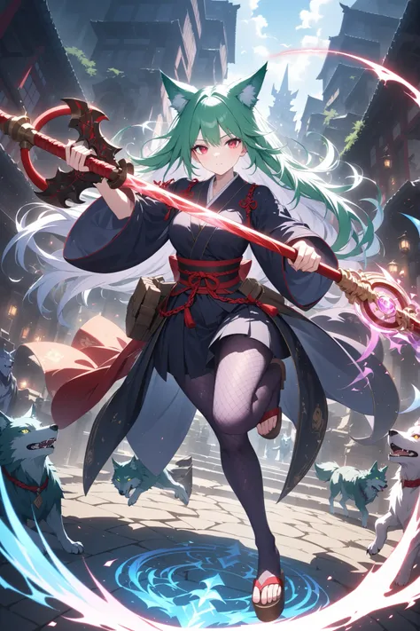 cartoon characters, Full Body, Portrait, green wolf , I'm wearing a crimson chain, purple fishnet tights , Wear wooden clogs on your toes, Clear Red Eyes Giving a Charming Glow, High Resolution Combative Samurai,
Holding a Priest's Staff with Enchantme...