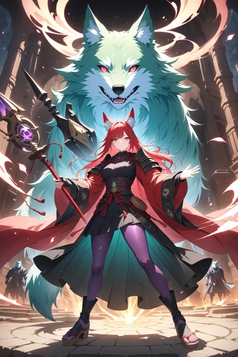 cartoon characters, Full Body, Portrait, green wolf , I'm wearing a crimson chain, purple fishnet tights , Wear wooden clogs on your toes, Clear Red Eyes Giving a Charming Glow, High Resolution Combative Samurai,
Holding a Priest's Staff with Enchantme...