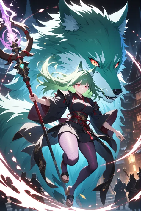 cartoon characters, Full Body, Portrait, green wolf , I'm wearing a crimson chain,  purple fishnet tights , Wear wooden clogs on your toes, Clear Red Eyes Giving a Charming Glow, High Resolution Combative  Samurai,  
Holding a Priest's Staff with Enchantme...