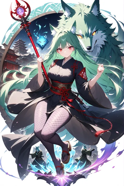 cartoon characters, Full Body, Portrait, green wolf , I'm wearing a crimson chain, purple fishnet tights , Wear wooden clogs on your toes, Clear Red Eyes Giving a Charming Glow, High Resolution Combative Samurai,
Holding a Priest's Staff with Enchantme...
