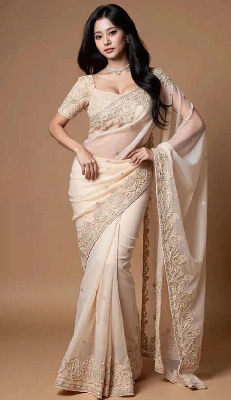 (masterpiece), best quality, 8k, UHD, photorealistic, RAW photo, extremely detailed, sharp focus on face,ultra detailed face, high quality  features,elegant fashion photography, full-length portrait, 1 beautiful woman with a (curvy and full-figured physiqu...