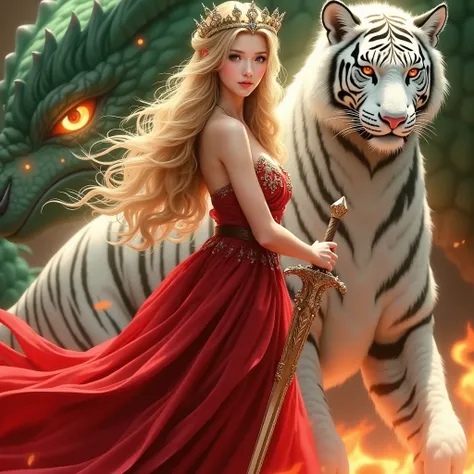 Femme blonde européenne robe rouge avec épée et couronne or avec un dragon vert derrière. Et à côté le tigre blanc flamboyant en feu avec yeux en couleur flamboyant feu
