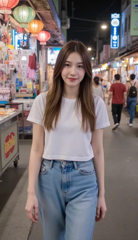 Realistic  woman, beautiful face, , attractive shape, height 160cm. Looking at the ultra-high resolution 8K camera, sharp focus, very high detail, as realistic as a photo, natural light, soft skin. She was walking through the ht market on Khaosan Road, fil...
