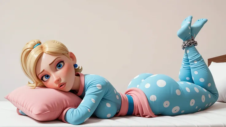 3D pixar style. Pixar eyes. Tall, big, beautiful 20 year old woman: laying prone on bed, flat on her stomach, pelvis flat, head resting on bed below her; pink comfy unmade bed. both her hands reach down to under waist area, .She has an  expression. her leg...