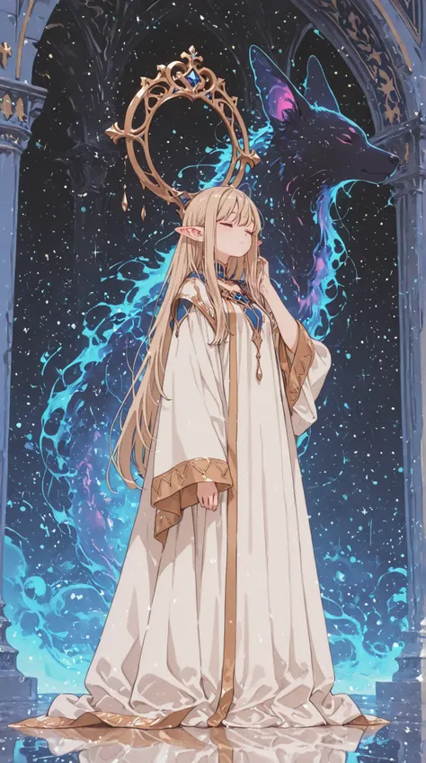 (masterpiece), Best Quality, high resolution, 4K, 8k, details, 複雑なdetails, great quality, 1 , close your eyes, elf ears, ash blonde hair, mystical atmosphere, full body angle, Mysterious Royal Palace,