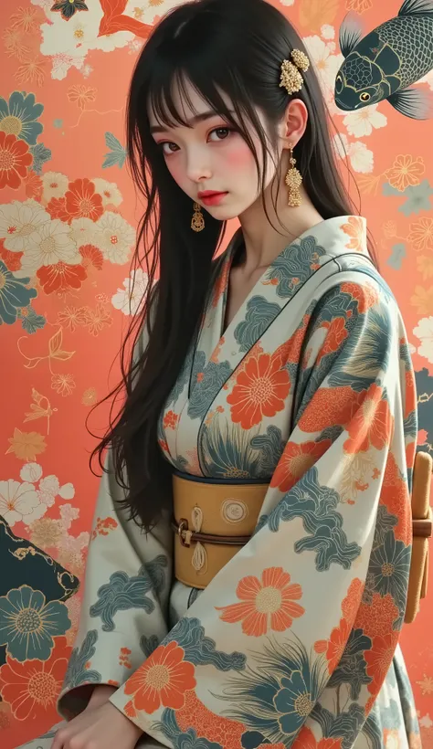 masterpiece , Ultra Detailed, Nostalgic , ( ), (( dynamic angles :1.8))(( THICK MUSCULAR LEGS :1.8)). portraits of traditional young women, However, artistic , vivid, detailed kimono , Decorated with intricate flower patterns and koi fish patte...