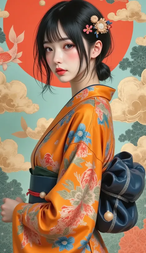 masterpiece , Ultra Detailed, Nostalgic , ( ), (( dynamic angles :1.8))(( THICK MUSCULAR LEGS :1.8)). portraits of traditional young women, However, artistic , vivid, detailed kimono , Decorated with intricate flower patterns and koi fish patte...