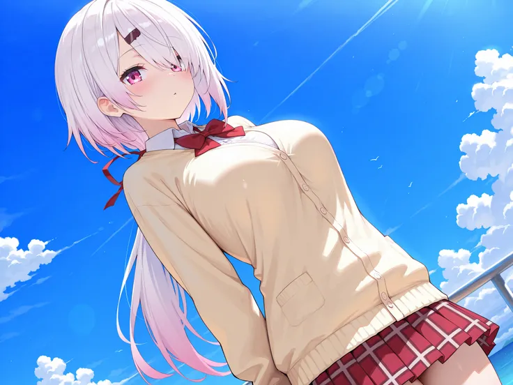 solo,masterpiece,best quality, amazing quality, highres, absurdres, very aesthetic, high resolution, ultra detailed, perfect details,nijiyuika,large ,pink eyes,gradient hair,light pink hair,white hair,round face,long hair,hair over one eye,low ponytail,hai...