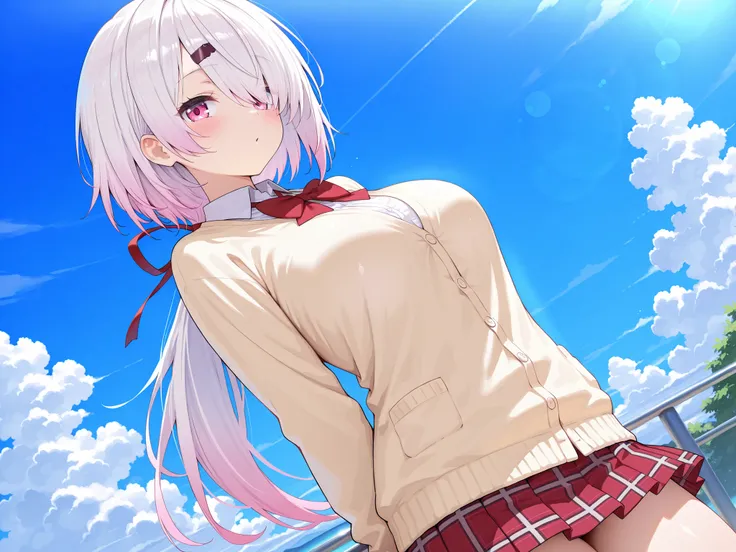 solo,masterpiece,best quality, amazing quality, highres, absurdres, very aesthetic, high resolution, ultra detailed, perfect details,nijiyuika,large ,pink eyes,gradient hair,light pink hair,white hair,round face,long hair,hair over one eye,low ponytail,hai...