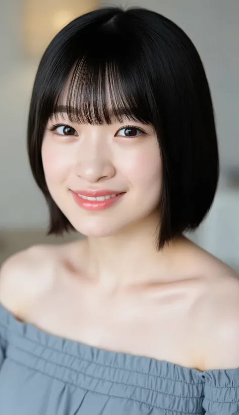 The high resolution photograph of a young Japanese female idol named nagisa, solo, 1girl, wearing a off-shoulder dress, face focus, close-up of face, looking at the camera, short black hair with blunt bangs, pale skin, detailed face, detailed eyes, indoors