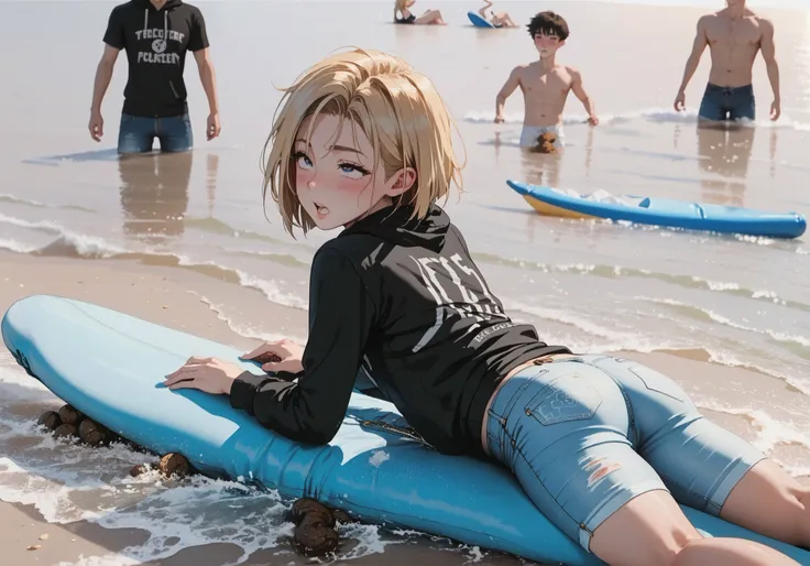 score_9, score_8_up, score_7_up, best quality, on the beach Slim sporty boy 1boy, wearing hoodie, 1boy, (is lying, Legs lowered :1.1), ((( Poop ,)), internal, 1boy, blonde hair, (short bob, crew cut,),, wide shoulder ,thin waist, wide hips, break, (a pair ...