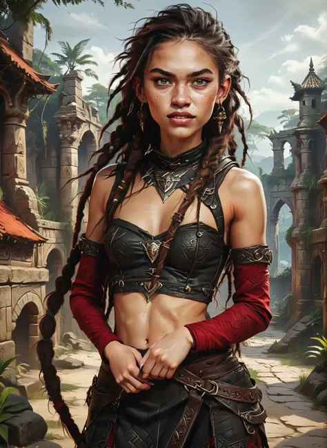 Slender body. White skin. Cute 18-year-old Aztec girl with Asian red eyes and unnaturally sharp teeth and dreadlocks with white highlights. Sharp and pointy teeth. She has a cute and beautiful face. She has a round and young face with a pointy chin. Her bo...