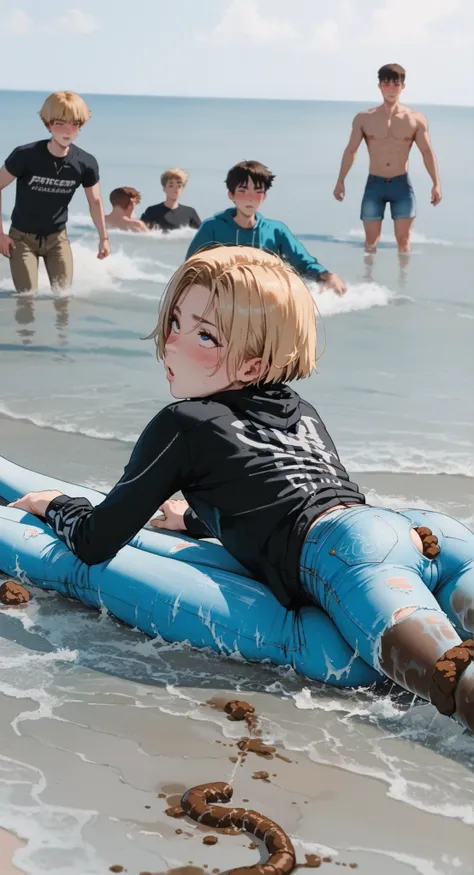 score_9, score_8_up, score_7_up, best quality, on the beach Slim sporty boy 1boy, wearing hoodie, 1boy, (is lying, Legs lowered :1.1), ((( Poop ,)), internal, 1boy, blonde hair, (short bob, crew cut,),, wide shoulder ,thin waist, wide hips, break, (a pair ...