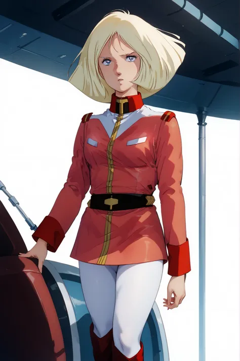 A woman is standing inside a battleship bridge、solo,dk_sayla, 1980s \(style\), parody、blond hair、blue eyes、bob cut、red military jacket, long sleeves, belt, white leggings, red knee boots, military uniform、cel_mikimoto