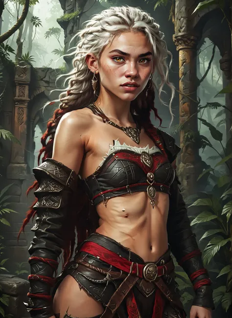 Slender body. White skin. Cute 18-year-old Aztec girl with Asian red eyes and unnaturally sharp teeth and dreadlocks with white highlights. Sharp and pointy teeth. She has a cute and beautiful face. She has a round and young face with a pointy chin. Her bo...