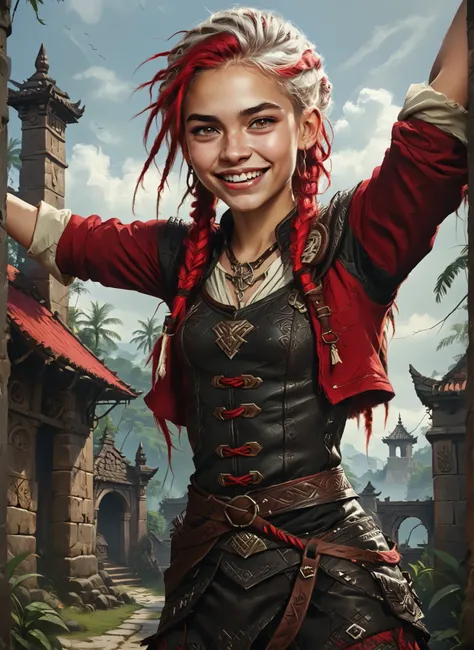 Smiling. Slender body. White skin. Cute 18-year-old Aztec girl with Asian red eyes and unnaturally sharp teeth and dreadlocks with white highlights. Sharp and pointy teeth. She has a cute and beautiful face. She has a round and young face with a pointy chi...