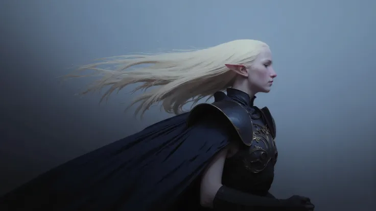 by Piotr Jabłoński.night，Upper body side portrait of a high-ranking elf woman，She has long light blond hair，fluttering to the side in the wind，Close eyes，The expression is calm and melancholy。She was wearing dark blue elf style armor with gold trim，Blue-gr...