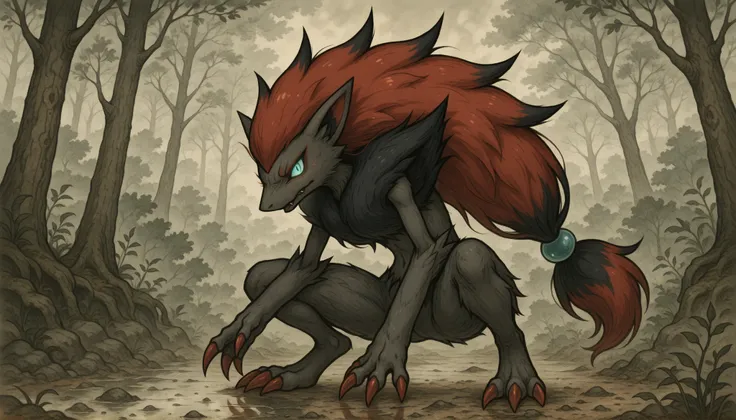 masterpiece, best quality, no humans, Zoroark, forest clearing, shattered moonlight, crouching pose, tension in the air, fog weaving through the trees, Zoroark crouches low to the ground, claws spread, eyes locked on something hidden beyond the fog...