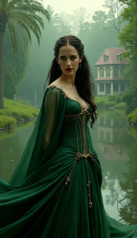 "Eva Green wearing an elegant deep green outfit with golden details, upper body view, standing in a mysterious forest with a calm lake and an old abandoned house in the background, soft natural light filtering through the trees, cinematic and magical atmos...