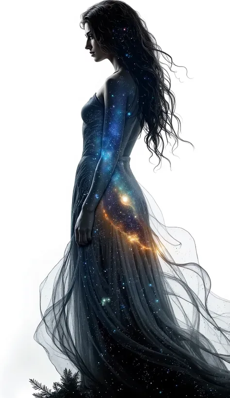 a woman in a long dress standing in the middle of a field, wearing a dress made of stars, goddess of galaxies, astral dress, cosmic goddess, blonde girl in a cosmic dress, strange portrait with galaxy, portrait of a cosmic goddess, goddess of space and tim...
