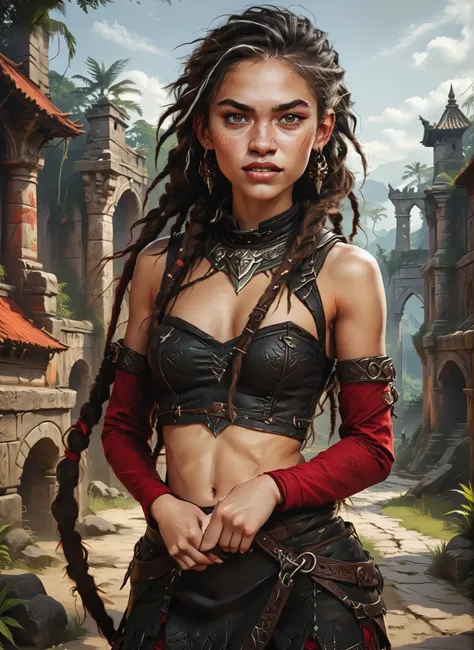 Slender body. White skin. Cute 18-year-old Aztec girl with Asian red eyes and unnaturally sharp teeth and dreadlocks with white highlights. Sharp and pointy teeth. She has a cute and beautiful face. She has a round and young face with a pointy chin. Her bo...