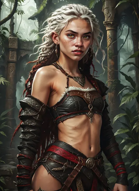 Slender body. White skin. Cute 18-year-old Aztec girl with Asian red eyes and unnaturally sharp teeth and dreadlocks with white highlights. Sharp and pointy teeth. She has a cute and beautiful face. She has a round and young face with a pointy chin. Her bo...
