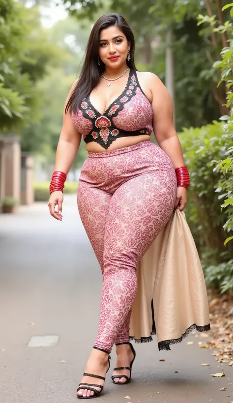FULL BODY , in MEHANDI HENNA  ON BOTH HANDS AND LEGS,  nauvari saree,Indian hosewife In Veil , showing her deep showing cleavage inside sleeveless blouse and big Nose Ring, many bangles in both hands,Earings, Necklace ,dark shade Lipstick , showing long le...