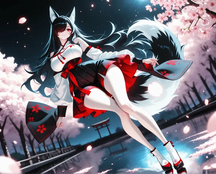 1girl, Kuroki Monika, black hair, very long hair, hair over right eye, red eyes, large breasts, (petite but curvy, very cute),


Solo, full Body, (dynamic angle),  hazy lights, subdued lighting, blurred figures, dark background , Sakura, (cherry blossoms),...