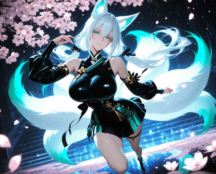 1girl, green eyes, white eyelashes, white hair, long hair, hair between eyes, large breasts, curvy, beautiful, sexy, cool, twintails, curly twintails
Solo, full Body, (dynamic angle), hazy lights, subdued lighting, blurred figures, dark background , Saku...