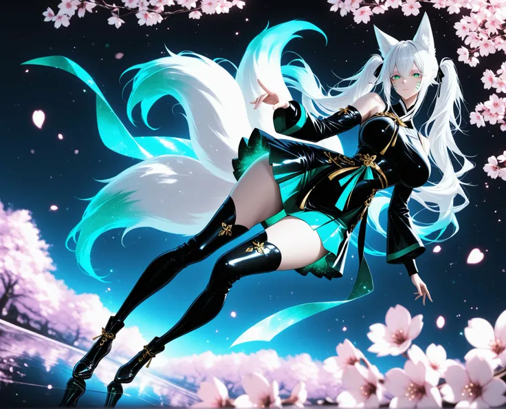 1girl, green eyes, white eyelashes, white hair, long hair, hair between eyes, large breasts, curvy, beautiful, sexy, cool, twintails, curly twintails
Solo, full Body, (dynamic angle), hazy lights, subdued lighting, blurred figures, dark background , Saku...
