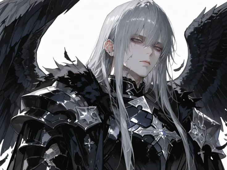 super high resolution, ultra high definition, tall male knight with black feathers and wings, Men alone, silver gray long hair, expressionless silver dark eyes, Wear black armor with detailed facial damage and a torn black cape, white background, dark fant...