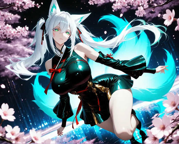 1girl, green eyes, white eyelashes, white hair, long hair, hair between eyes, large breasts, curvy, beautiful, sexy, cool, twintails, curly twintails
Solo, full Body, (dynamic angle), hazy lights, subdued lighting, blurred figures, dark background , Saku...