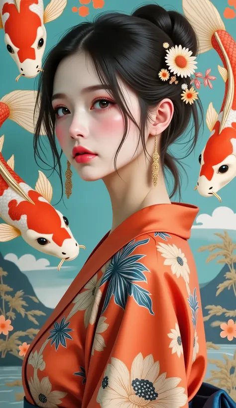 masterpiece , Ultra Detailed, Nostalgic , ( ), (( dynamic angles :1.8))(( THICK MUSCULAR LEGS :1.8)). portraits of traditional young women, However, artistic , vivid, detailed kimono , Decorated with intricate flower patterns and koi fish patte...