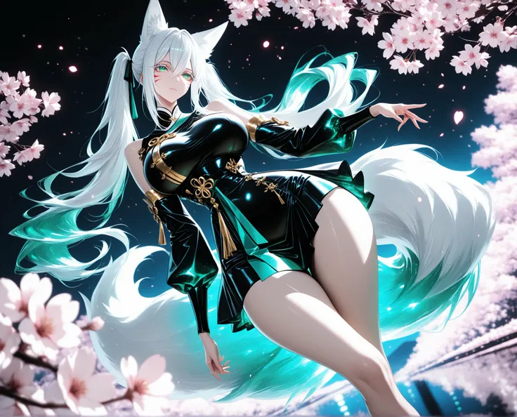 1girl, green eyes, white eyelashes, white hair, long hair, hair between eyes, large breasts, curvy, beautiful, sexy, cool, twintails, curly twintails
Solo, full Body, (dynamic angle), hazy lights, subdued lighting, blurred figures, dark background , Saku...